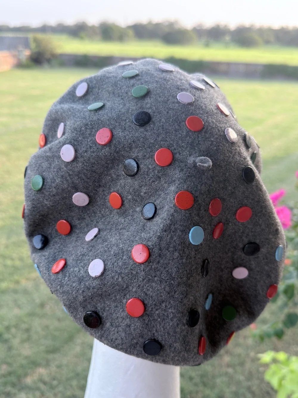 Vintage Norma Kamali for Stetson Wool Beret Gray Multicolor Studded Designer Hat